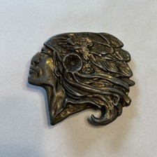 Vintage Native American Indian Chief Head Brass Belt Buckle Great Patina