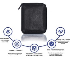 Genuine Leather Zip Around 11 Credit Card 1ID Hipster Mens Wallet Organizer BLK