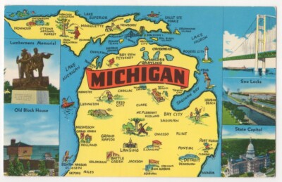 Michigan illustrated Map c1960's State Capitol, Soo Locks, Lumbermen's Memorial