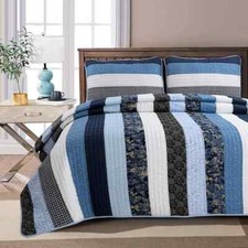 BEAUTIFUL COTTAGE BEACH WHITE BLUE NAVY NAUTICAL PATCHWORK STRIPE SOFT QUILT SET