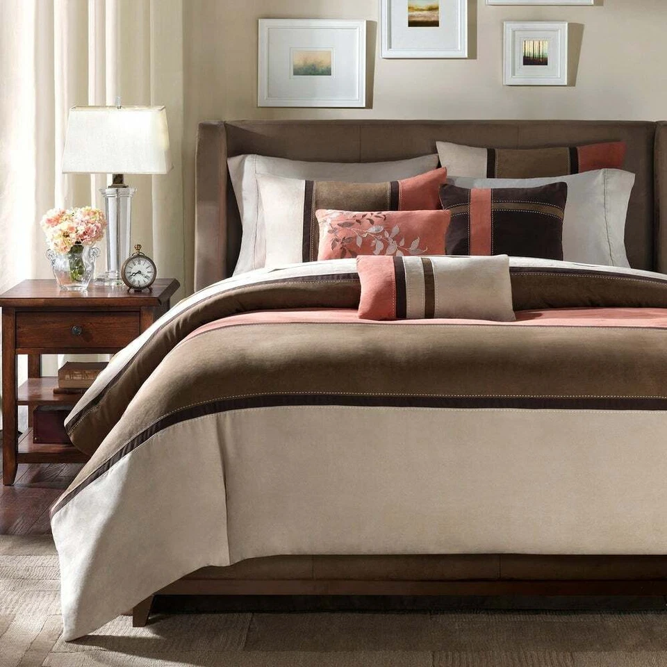 LINDO CONJUNTO DE EDREDOM LISTRA CAMURÇA FOLHA BEGE CORAL MARROM ACASTANHADO ULTRA MACIO - Imagem 3 de 3