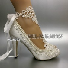 su.cheny heel white ivory satin open toe pearl ribbon ankle Wedding Bridal shoes