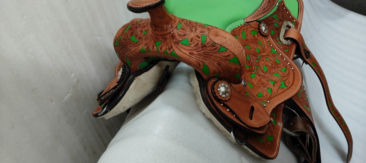 Selle Western En Cuir Vert – Premium, Toutes Tailles Sur Demande, Avec Set