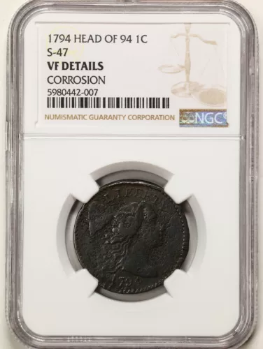 1794 Head of 94 Liberty Cap Large Cent VF Detail Corrosion NGC 5980442-007 S-47