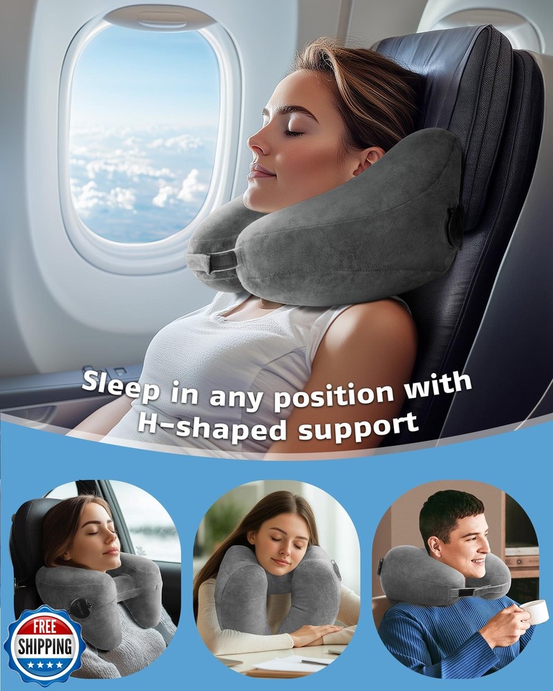 Inflatable Travel Neck Pillow with Soft Velvet Cover for Airplane Comfort