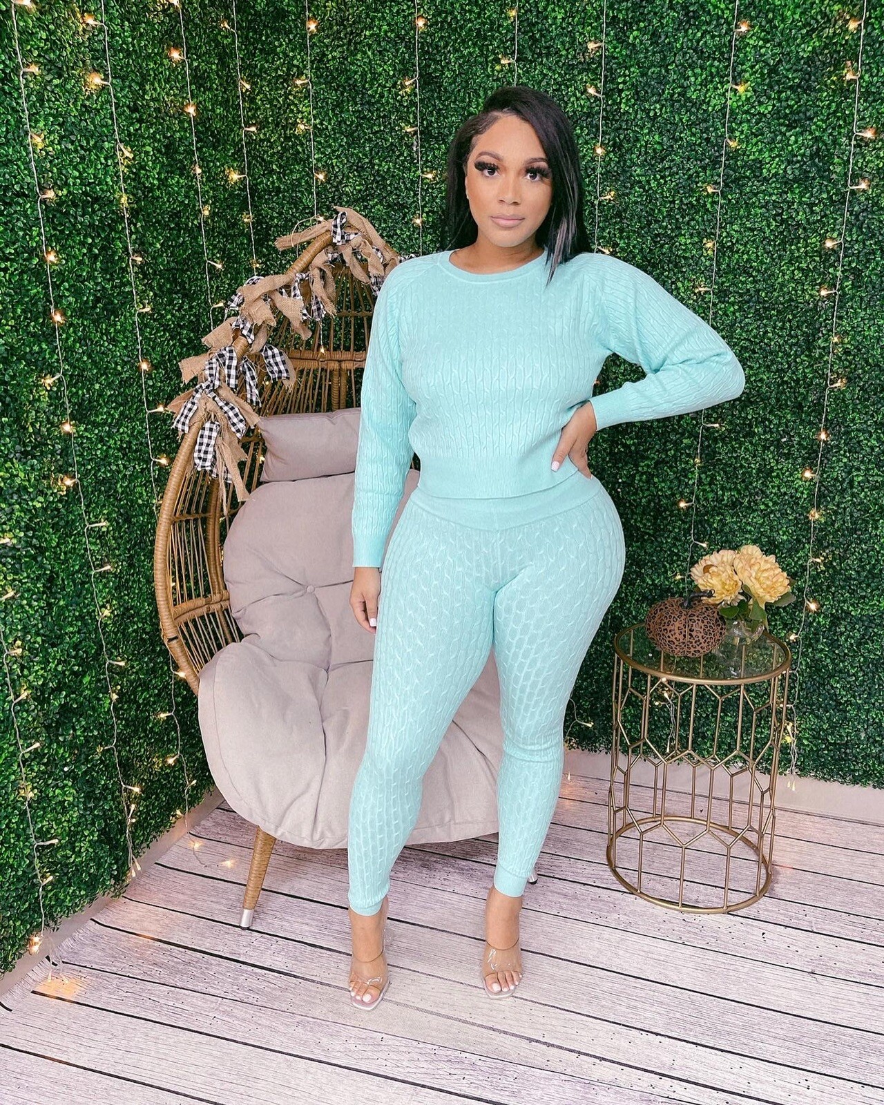 Women knit 2 piece legging set ice blue 
