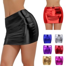 Women Solid Color Mini Skirt Shiny Metallic Short Night Club Party Bodycon Skirt