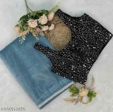 Women's Nylon Shining Net Saree with Separate Blouse piece