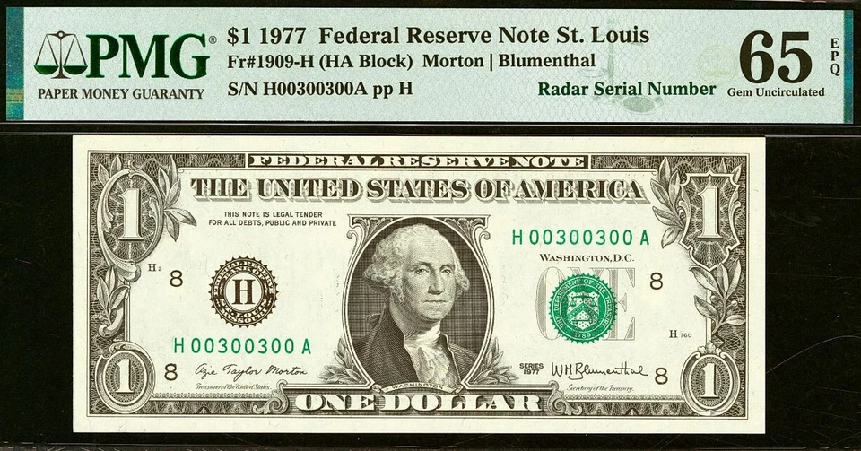 1977 $1 Federal Reserve Note PMG 65EPQ fancy radar serial number 00300300 - Image 2 of 3