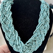 Turquoise Color Multi-Strand Seed Bead Necklace Braided Choker Boho Adjustable