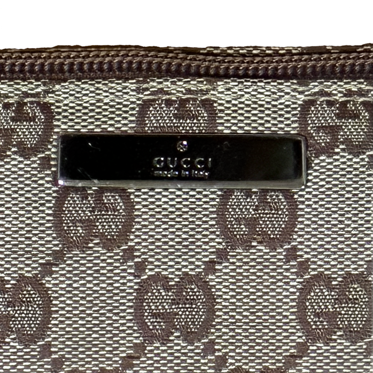 Gucci GG Canvas Mini Accessory Pouch Brown Leather Trim Handbag