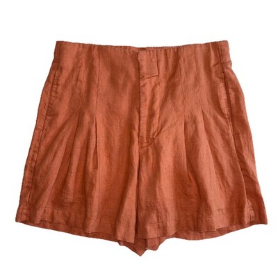 Lanhtropy 100% Linen Shorts High Rise Pleated Women s Size Small Orange Pockets
