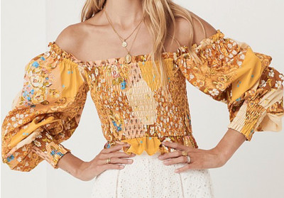 SPELL & THE GYPSY Smocked FREDA SHIRRED BLOUSE TOP Amber Patchwork Orange XS