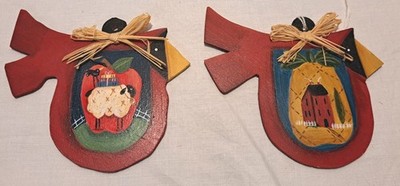 Two Handmade/Painted Cardinal Wooden Ornament With Sheep/House/Fruit