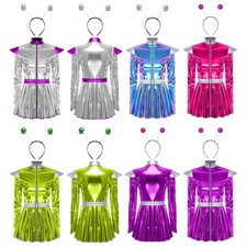 Women Astronaut Halloween Outfits Shiny Alien Costume Metallic Dress Mini Suit