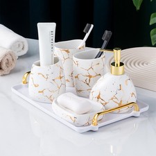 Ceramics White Bathroom Accessories Set,Gold Marble Look Bathroom Decor,Moder...