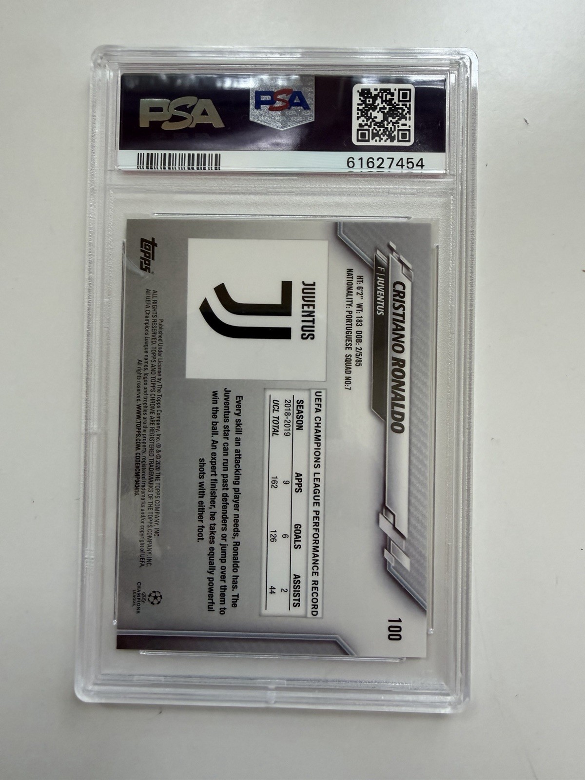CRISTIANO RONALDO 2019 TOPPS CHROME UCL #100 SAPPHIRE EDITION PSA 10 view 2