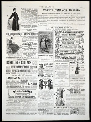 MODE IM FELL - IRISCHE LEINENKRAGEN - KINDERZIMMERLAMPE 1889 VIKTORIANISCHE WERBUNG