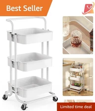3-Tier Mesh Utility Cart Metal Storage Shelves Rolling Organizer White