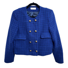 Mango MNG Double Breasted Crop Blue Tweed Jacket Women’s Size Large