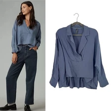 By Anthropologie The Dylon Blue Collared V Neck Oversized Blouse Top S