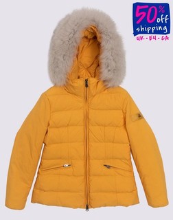 RRP€478 PEUTEREY Kids Down Quilted Jacket Size 6Y Yellow Hooded Fox Fur Trim