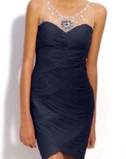 Adrianna Papell Navy Ruched Dress Illusion Mesh Rhinestone Starburst Neck Size 8