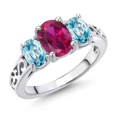 2.65 Ct Oval Red Created Ruby Blue Zircon 925 Sterling Silver Ring