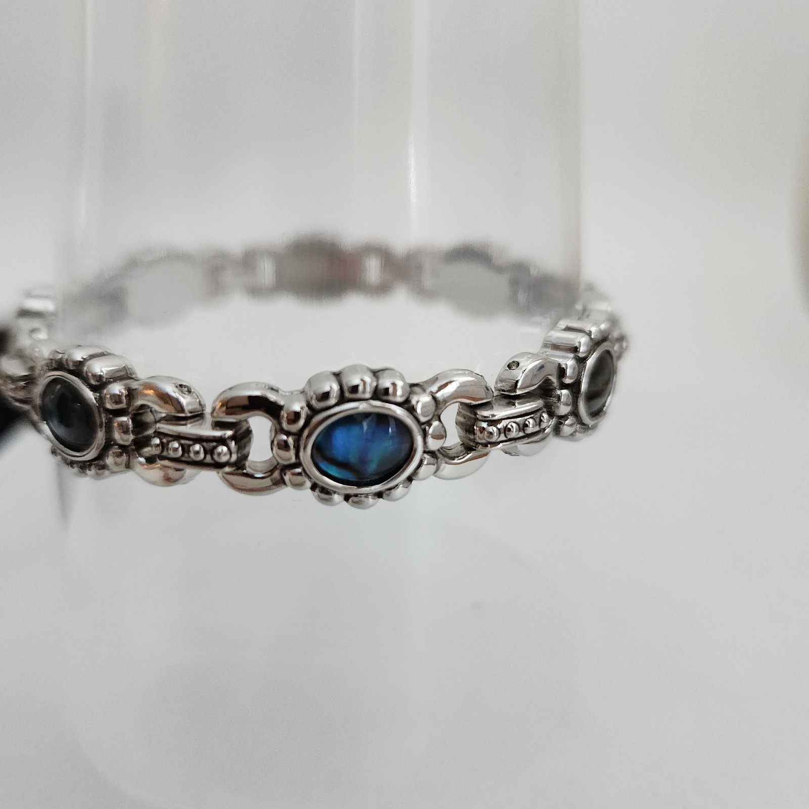 Abalone Shell Oval Link Bracelet Silver Tone 7” D… - image 2