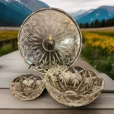 3 Piece Bohemian Crystalite 9" & 6" Bowl 12" Platter Floral Cut Lead Crystal