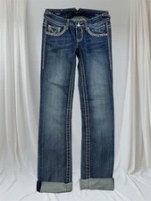 Vigoss Jeans Women 26/32 The Chelsea Straight Blue Denim Stitching Rhinestone