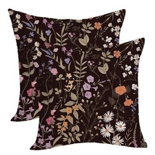 Spring Floral Pillow Covers 16x16 Pack of 2 Black Botanical Wildflower Herbs ...