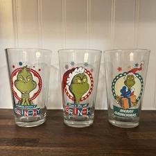 Lot of 3 2023 Dr Seuss The Grinch Holiday Clear 16 OZ Glasses 5.75" Great Cond.