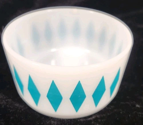 HTF Vtg Fire King Oven Ware Blue Turquoise Diamond Pattern Cereal Bowl Excellent