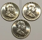 Beautiful set of 3 1957-D Uncirculated Ben Franklin Half Dollars, Lot of 3