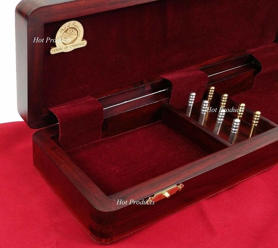 12 1/2" 2 TRACK CONTINUOUS Cribbage Board BLOODWOOD Corner Games Won Storage Box - Image 3 of 4