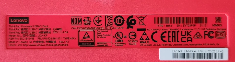 Lenovo ThinkPad Universal USB-C Dock 40AY con Adaptador de Corriente 90W y 2 Cables DP Foto 4 de 4