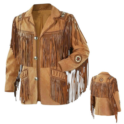 Western Men Cowboy Suede Fringe Jacket - Beaded Native American Style Leather