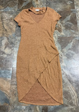 Black Bead Women’s Tan Ribbed Knit Midi Dress Cutout Neck Short Sleeve Wrap Hem