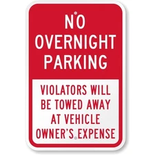 No Overnight Parking Towed Aluminum Weatherproof Sign c00640