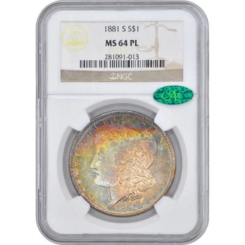 1881-S $1 Morgan Silver Dollar NGC MS64PL Proof Like CAC - Lovely Rainbow Toning
