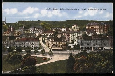 Postcard Mariánské Lázně, lower main street and hotel Mariánské Lázně mill 