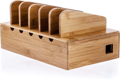 Bamboo Charging Station Organizer - Multi-Device Docking Station with Removab...