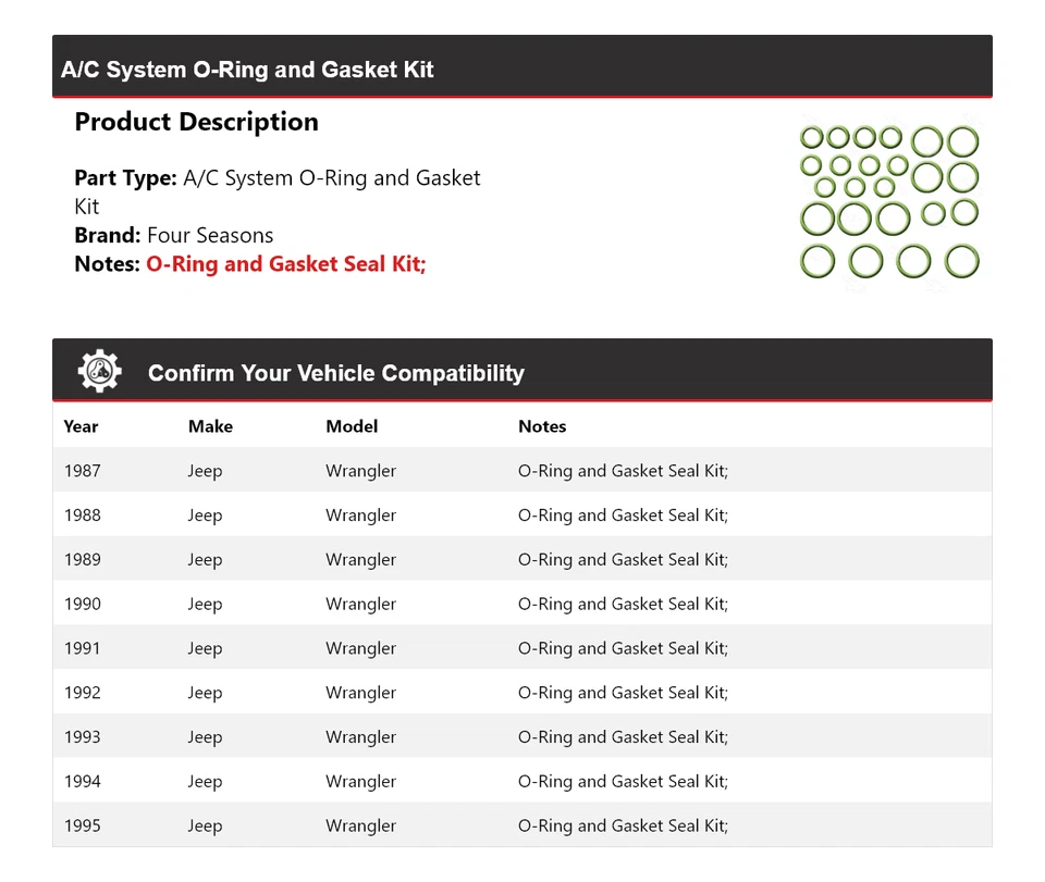 Kit de junta tórica y junta sistema de aire acondicionado Jeep Wrangler 1987-1995 4 estaciones 1988 1989 Foto 2 de 4