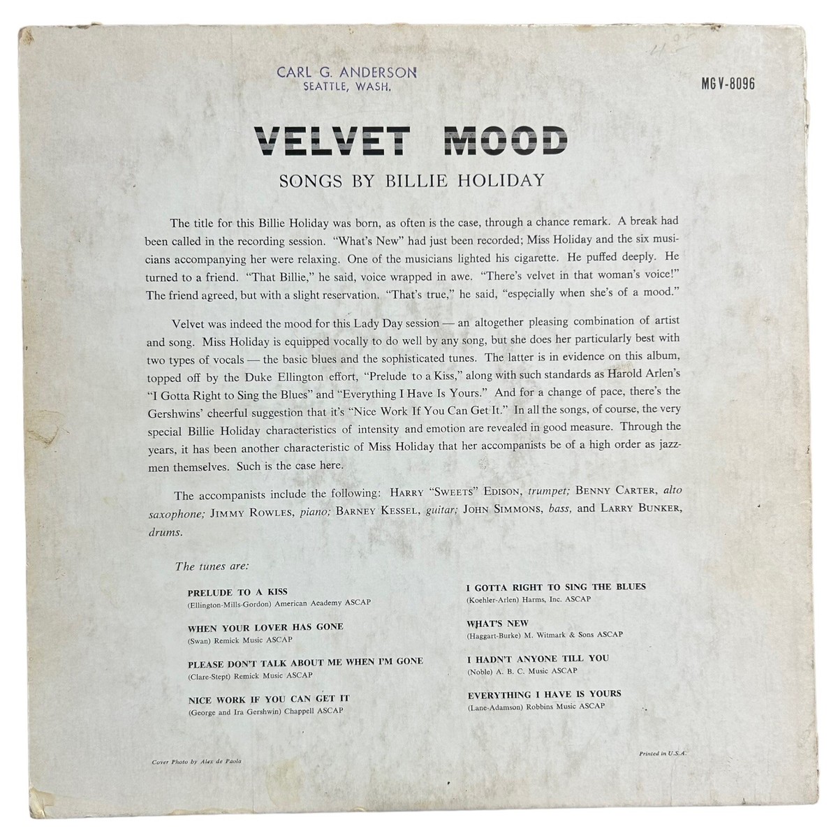 Billie Holiday - Velvet Mood (G+/G+) Verve Early Pressing MG V