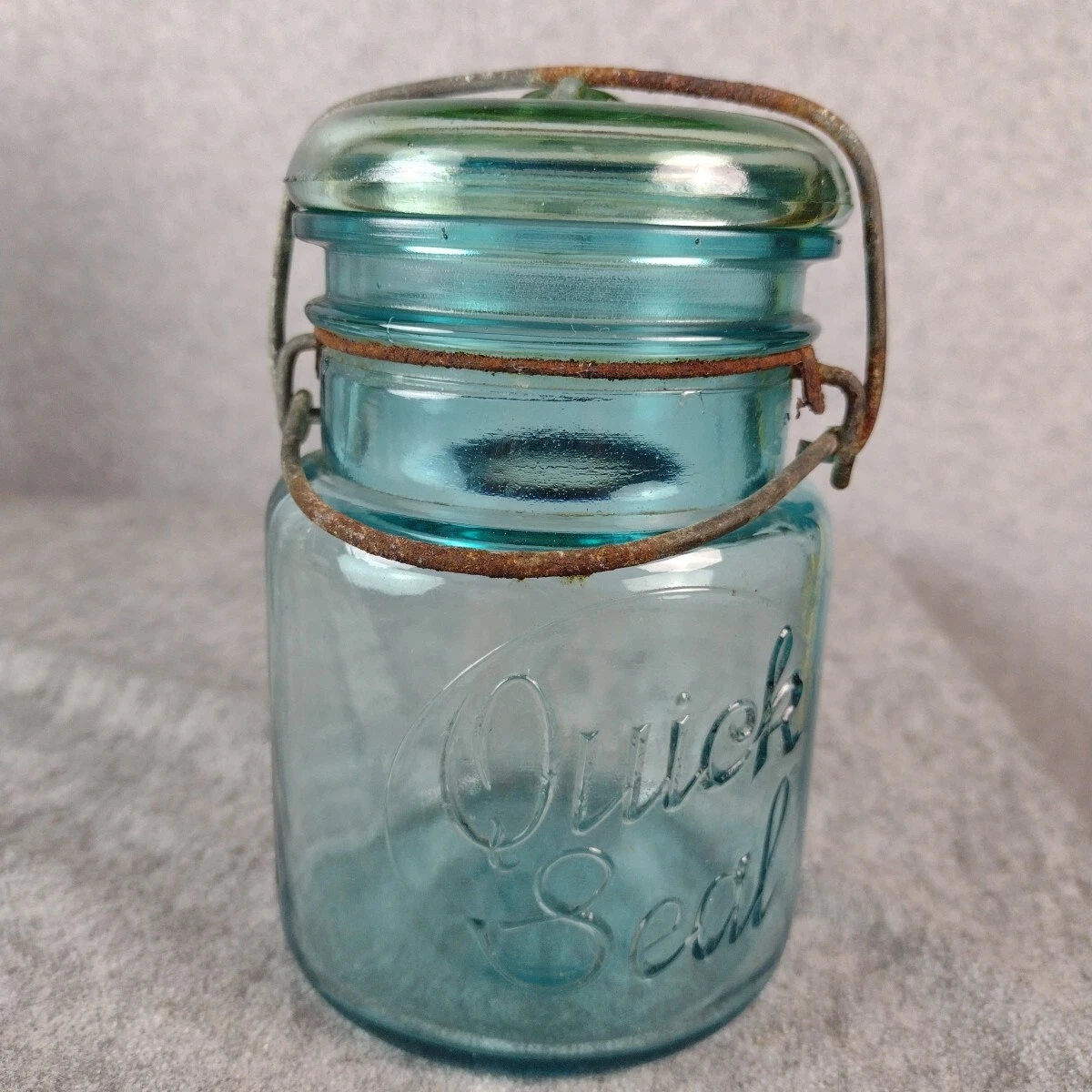Blue Aqua Glass Vintage Quick Seal Jar Embossed Pint Canning Wire Clamp Closure