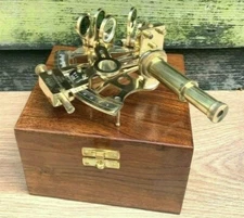 Antique Brass Pocket Sextant Navigation Nautical Marine Vintage Wooden Box
