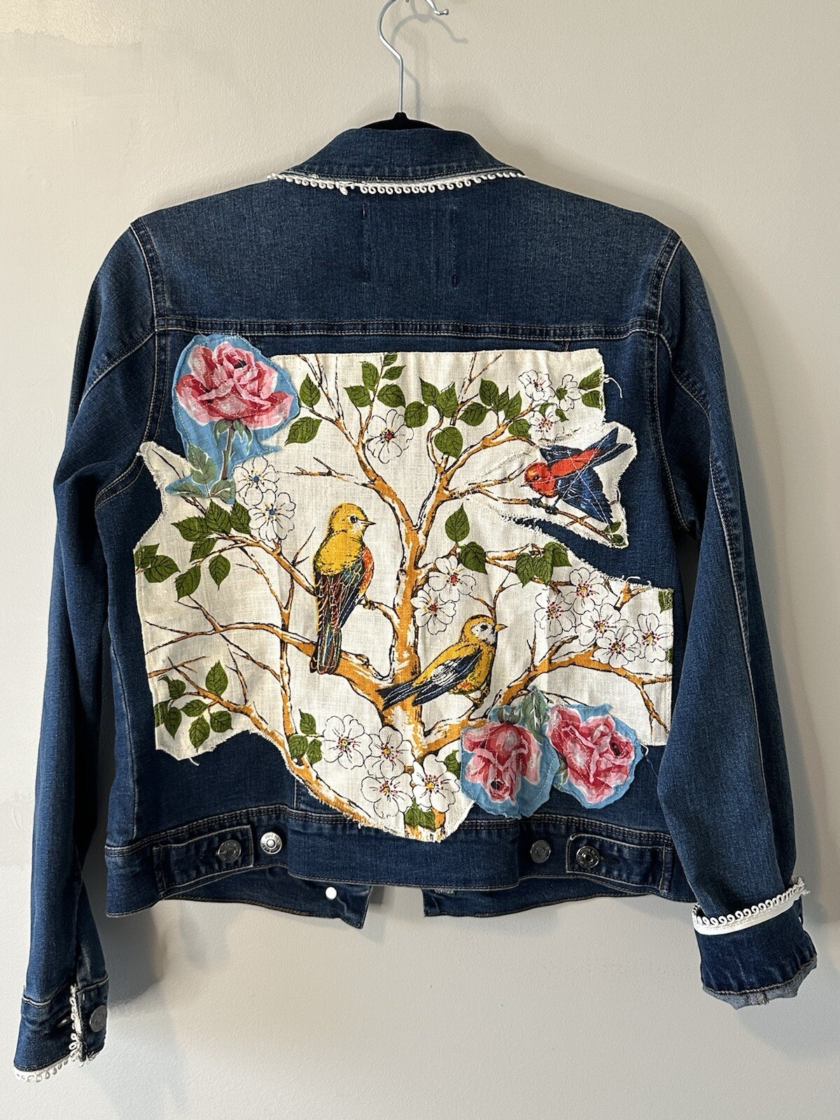 Custom Denim Jacket Beautiful Patchwork Birds Flo… - image 2