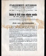 PARIS (VIII°) PNEUS VELO MOTO AUTOMOBILE "HUTCHINSON" en 1924 Emission d'ACTIONS