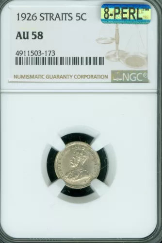 1926 STRAITS SETTLEMENTS 5 CENTS NGC AU58 MAC 8PERL OR 1ST STRIKE .